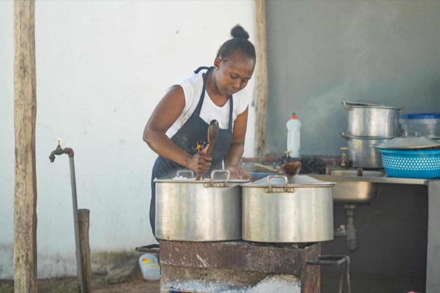 Large pots cooking on the stove in the Goodwill kitchen